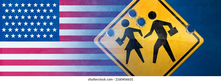 United States school shooting and student gun violence concept as a shooting tragedy and horrific gunfire towards a student sign as a US tragic violent event with 3D illustration elements.