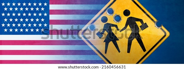 United States school shooting and student gun\
violence concept as a shooting tragedy and horrific gunfire towards\
a student sign as a US tragic violent event with 3D illustration\
elements.