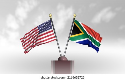 The United States, USA Flag, And South Africa Flag, 3D Rendering With A White Cloudy Background