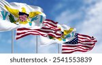 United States Virgin Islands flag waving with the american flag. The Virgin Islands of the US, are an unincorporated and organized territory of the US. 3d illustration render. Rippling fabric