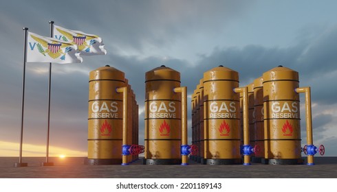 United States Virgin Islands Gas Reserve, United States Virgin Islands Gas Storage Reservoir, Natural Gas Tank USVI With Flag US Virgin Islands, Sanction On Gas, 3D Work And 3D Image