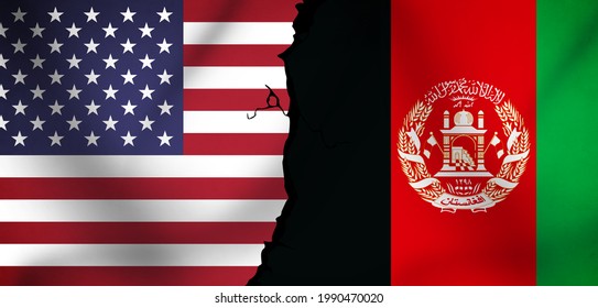 United States Vs Afghanistan Waving Flag With Crack During Current Situation. War Concept Backdrop. US Afghan War Background Illustration