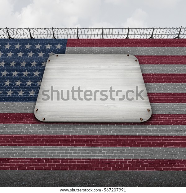 United States wall blank sign as an\
american border concept as a security barricade with a flag of the\
United States as a customs and country boundary with empty copy\
space as a 3D\
illustration.