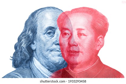 United States-China: US And China Currencies Cross Over. Ideas For The Contrast Between China And US, Trade War, Battling Of Technology, Supply And Power, Different Cultures. Isolate White Background