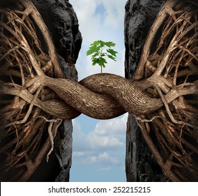 Unity Growth Concept And Bridge The Gap Business Symbol As Two Tree Roots On A High Cliff Merging Together Bridging Together To Form A New Sapling As An Icon Of Partnership Success And Strength.