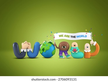 Unity and harmony represented through colorful characters holding a sign about global connection and community