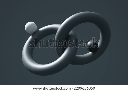 Unity or integration concept. Balance, harmony, stability and equilibrium. Two spheres balancing on interlocked circles. 3D render.