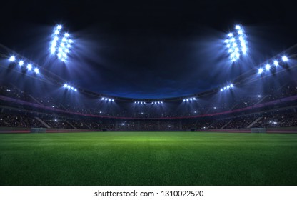 universal grass stadium illuminated by spotlights and empty green grass playground, grand sport building digital 3D background advertisement background illustration - Powered by Shutterstock