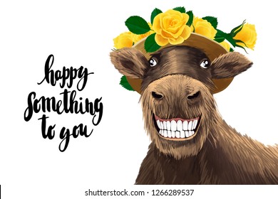Universal greeting card template. Cute comic happy donkey with a wide smile on white background
