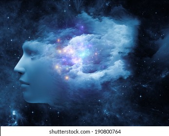 Universal Mind Series. Abstract Composition Of Human Head And Fractal Clouds Suitable As Element In Projects Related To Mind, Dreams, Thinking, Consciousness And Imagination