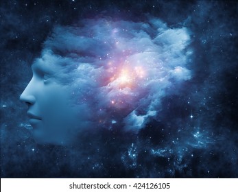 Universal Mind Series. Composition Of Human Head And Fractal Clouds With Metaphorical Relationship To Mind, Dreams, Thinking, Consciousness And Imagination