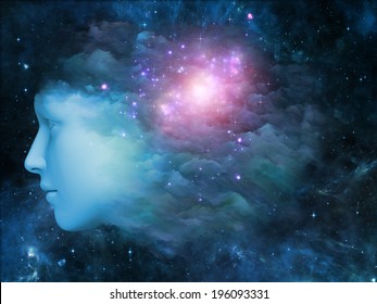 Universal Mind Series. Creative Arrangement Of Human Head And Fractal Clouds As A Concept Metaphor On Subject Of Mind, Dreams, Thinking, Consciousness And Imagination