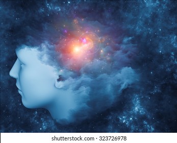 Universal Mind Series. Creative Arrangement Of Human Head And Fractal Clouds To Act As Complimentary Graphic For Subject Of Mind, Dreams, Thinking, Consciousness And Imagination