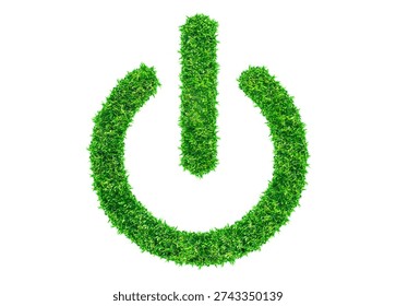 A universal power button icon made of lush green grass textures on a white background. Symbolizes 