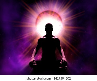 Universal psychic mind power of meditation. The silhouette of a person who is in spiritual meditation in front of a cosmic background and a bright source of energy, 3d render illustration
