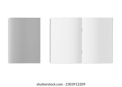 Universal template with two A4 (A5) brochures.Empty Blank bi-fold catalog booklet with staples mockup.Template of open and closed brochure isolated on white background. 3d rendering. top view.