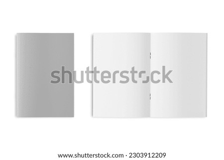 Universal template with two A4 (A5) brochures.Empty Blank bi-fold catalog booklet with staples mockup.Template of open and closed brochure isolated on white background. 3d rendering. top view.