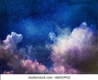 Universe filled with stars, clouds and galaxy. Watercolor