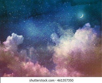 Universe filled with stars and moon. Watercolor
