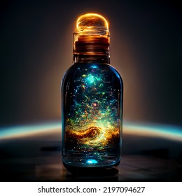 The Universe In Glass Bottle. Photo Realistic Rendering, Graphic Art. Cinematic Light, Epic Visual, Dark Background.