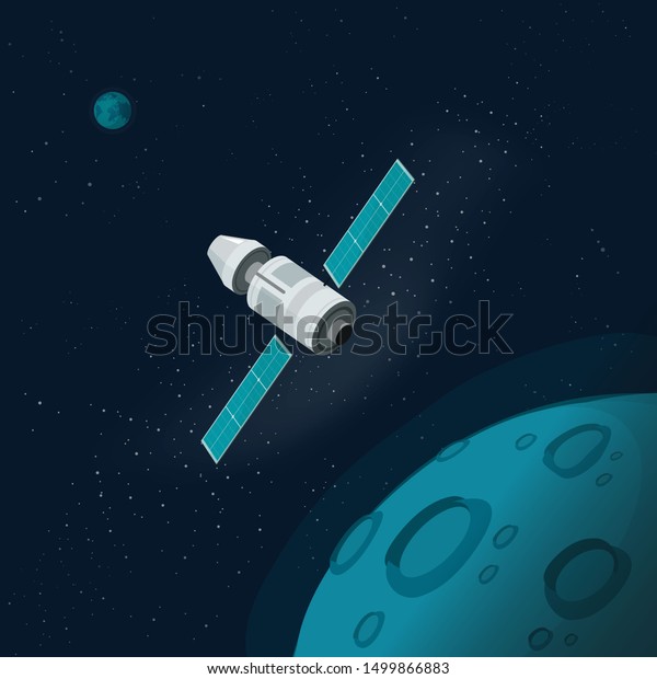 Universe or outer space with planets and\
spaceship illustration, flat cartoon flying satellite orbit station\
near moon or mars planet surface\
image