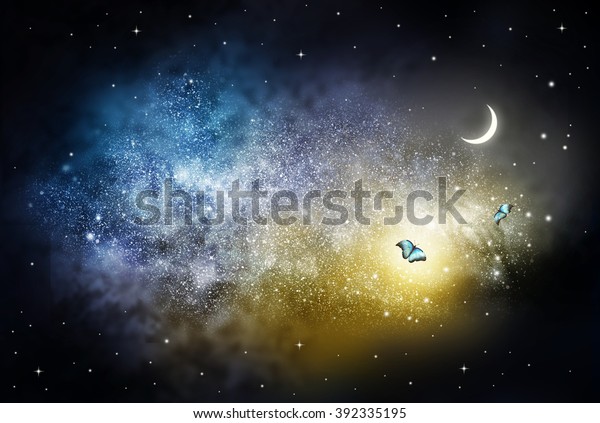 Universe sky\
with large moon and flying\
butterflies