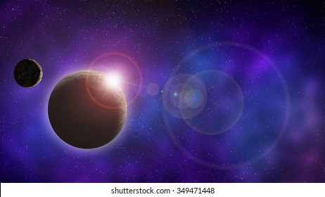 Universe And Space Planet With Moon At Sunrise.