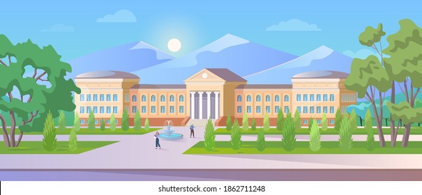 University Building Illustration. Cartoon 3d Outside Front View With High Elementary School, College Or Academy University Campus Exterior And Student People Walking On Street Road Background