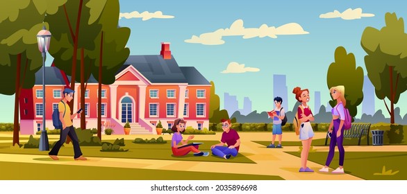 University Building Landscape, Walking Students, Young Man And Woman Sitting On Grass. Campus With Green Grass And Trees, Blue. College Building Exterior, Education Institution, People Studying