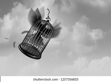 Unleash the power of freedom idea with a determined powerful bird flying and lifting a birdcage while inside as an amazing surreal concept and metaphor for faith and belief with 3D rendering elements.