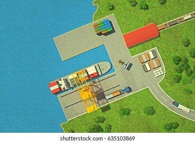 Unloading of a container ship. view from above. 3d rendering