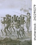 Unloading of enslaved Africans in Dutch colony Surinam in the late 18th century. 