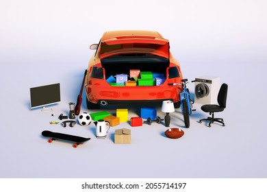 Unloading Things From The Trunk Of A Red Car. Lot Of Different Things In The Trunk. Overflowing Trunk Of A Passenger Car. White Isolated Background, Colorful Things. 3D Graphics