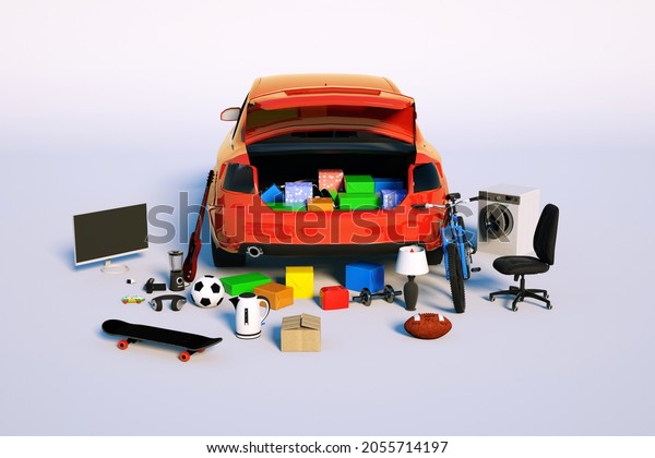 Unloading things\
from the trunk of a red car. Lot of different things in the trunk.\
Overflowing trunk of a passenger car. White isolated background,\
colorful things. 3D\
graphics