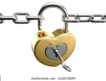 An Unlocked Heart Shaped Gold Padlock With A Key Joining Two Silver Chains Together On An Isolated White Background - 3D Render