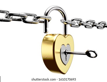 An Unlocked Heart Shaped Gold Padlock With A Key Joining Two Silver Chains Together On An Isolated White Background - 3D Render