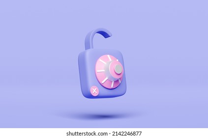 Unlocked Padlock Icon With Password Insecure Isolated On Purple Background. Security Data Protection, Minimal Concept, 3d Illustration Or 3d Render