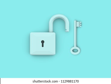 Unlocked Padlock With Key. Minimalist Style Concept For Business, Careers, Key To Success, Unlocking Potential And Security, 3D Rendering