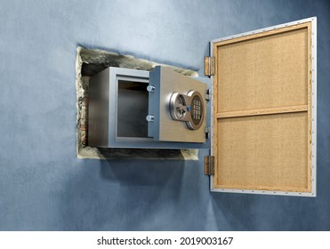Unlocked small steel safe hidden behind the painting, installing or removing, with a hole in wall, 3d illustration