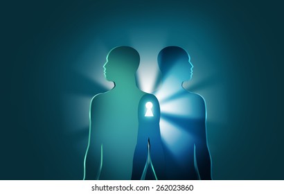 Unlocking the Mysteries Life   Death concept Two human figures join together and bright rays   keyhole between them  Symbolic drawing that can mean many things like near  death reincarnation