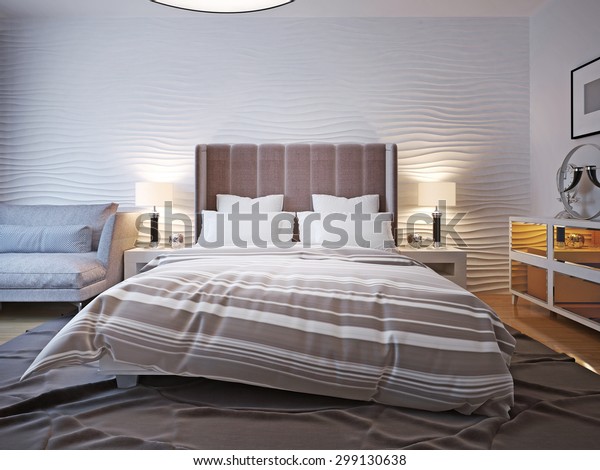 Unmade Bed Large Headboard Two Bedside Stock Illustration