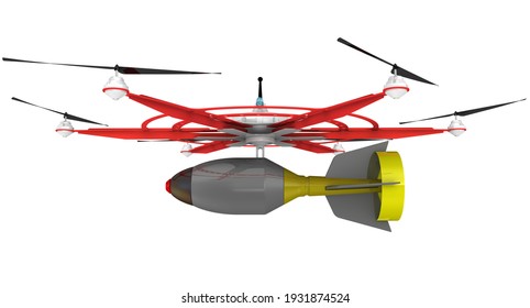 Unmanned Combat Aerial Vehicle (UCAV) With Six Propellers With Air Bomb. 3D Illustration