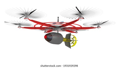 Unmanned Combat Aerial Vehicle (UCAV) With Six Propellers And An Air Bomb. 3D Illustration