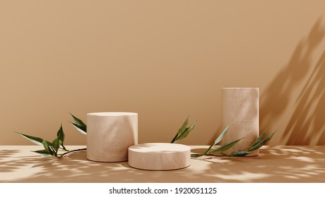 Unobtrusive background with plant and shadow on the wall -3D render. Empty showcase, podium, stand for advertising and product presentation. Mock up for exhibitions objects, relaxation and health.