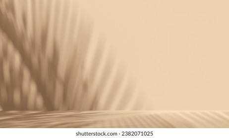 Unobtrusive natural pastel background with shadows on the wall, exterior - 3d render. Botanical empty podium with shadows from plants, palms, trees for product presentation, advertising.
