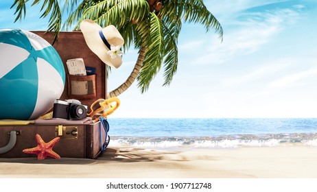 Unpacked travel suitcase on the beach anther the palm tree. Summer concept background 3D Rendering, 3D Illustration