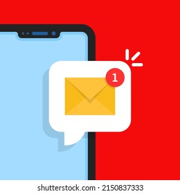 unread email notification in cartoon phone. concept of sign up notify in messenger and instant you've got mail message. flat simple modern graphic screen design element isolated on red background