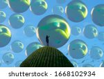 Unreal. Object floating. Standing Alone. Surreal scene. Drawing. Person on edge. Infinite space. Modern art. Lonely human. Philosophical. 2d illustration.