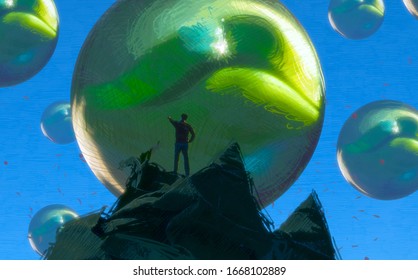 Unreal. Object floating. Standing Alone. Surreal scene. Drawing. Person on edge. Infinite space. Modern art. Lonely human. Philosophical. 2d illustration.