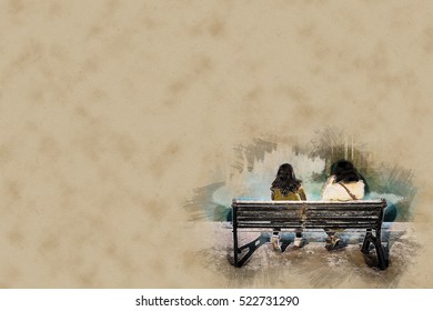 Unrecognizable couple on a bench with view on habour and old houses in Cefalu at night, Sicily. Beautiful townscape of old italian town. Modern painting style texture. Travel illustration.